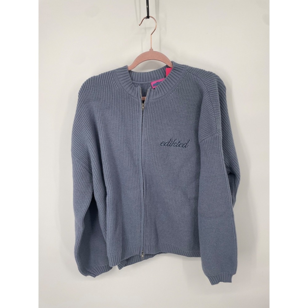 Edikted Kris Sweater Women's Small Blue Ribbed Knit Full Zip Drop Shoulders NWT